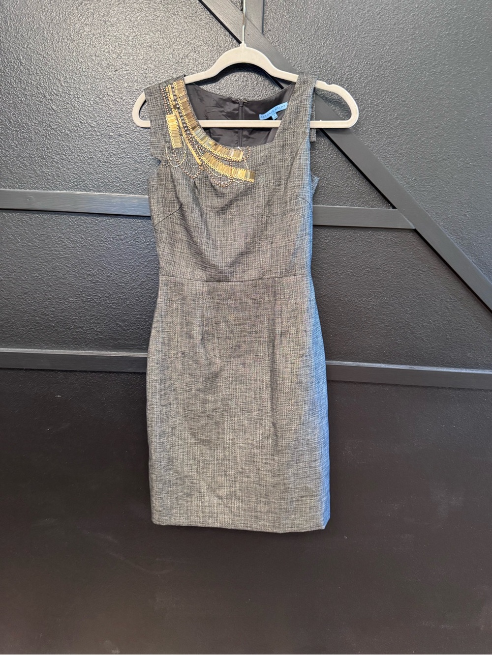 ANTONIO MELANI Gray Sheath Dress with Gold Neck Embellishment